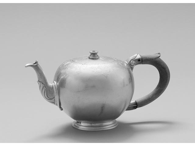 An 18th Channel Islands silver bullet shaped teapot, by Guillaume Henry, cover and base marked, Guernsey circa 1750
