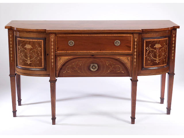 An Edwardian mahogany and marquetry inlaid breakfront Sideboard,