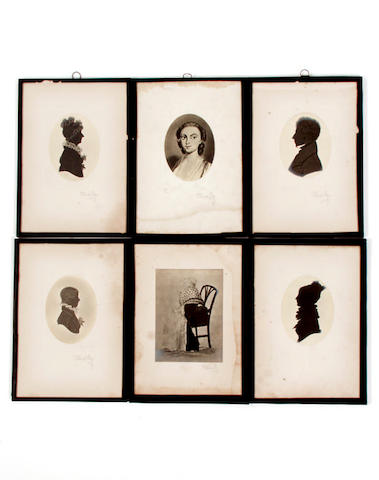A set of four silhouettes together with two portraits