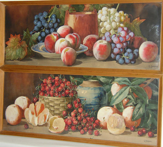 Giovanni Barbaro (fl. 1890-1907) British, Cherries and oranges; grapes and peachesboth signed 'G. Barbaro', watercolour over pencil heightened with bodycolour, 29 x 76cm (11&#189; x 30in), a pair. (2)