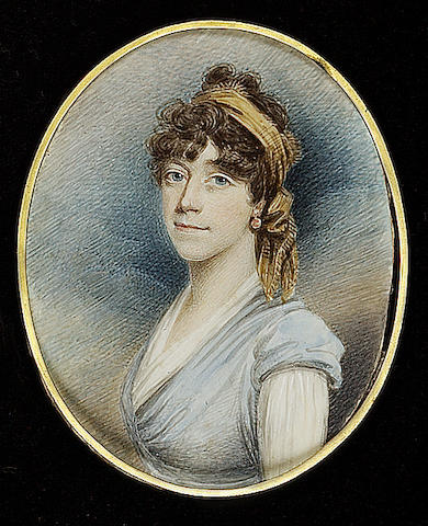 English School, A Lady, wearing blue dress with white sleeves and fichu, earring and peach-coloured bandeau in her hair