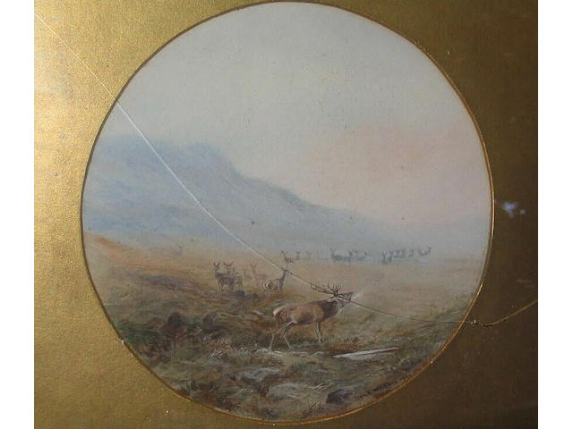 Harold Frank Wallace Stag and hinds in a highland landscape, 22cm diameter, circular.