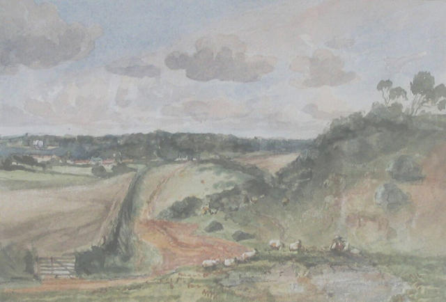 Thomas Churchyard  (1798-1865) Landscape with shepherd and flock on a country path 9.5 x 13cm (5 x 7&#188;in).