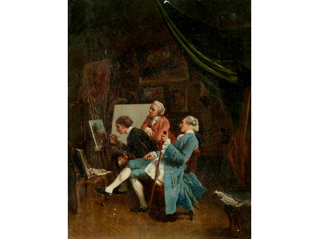 Continental School, 19th Century An artist at work in a studio, with gentlemen looking on, 13 3/8 x 10 3/8 in. (34 x 26.3 cm.)