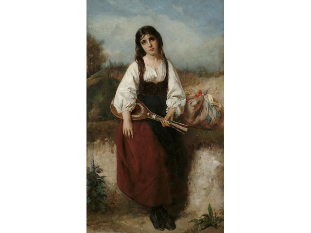 Henri-Guillaume Schlesinger (French, 1814-1893) A Girl with a mandolin, 42 1/8 x 25 in. (107 x 63.5 cm.)