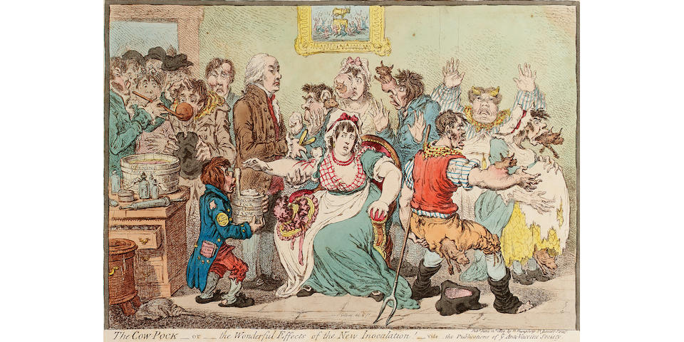 James Gillray The COW-POCK -or- the Wonderful Effects of the New Inoculation! Etching, 1802, with hand colouring, on wove, published June 12th by H Humphreys, London; remains of blue paper at sheet corners verso, the colours a little pale, some time staining, 260 x 360mm (10 1/4 x 14 1/8in)(SH) unframed
