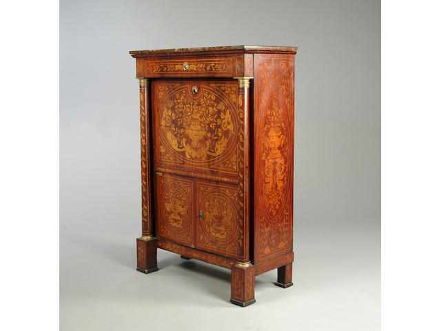 A 19th Century mahogany and marquetry escritoire with marble top, 99cm wide