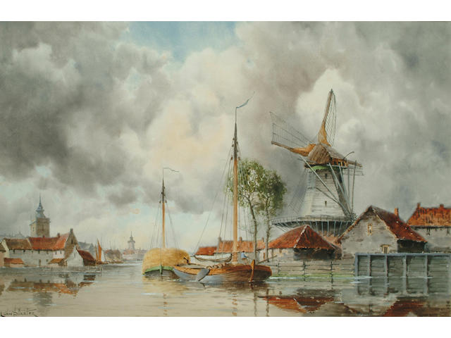 Louis van Staaten (British, 1836-1909), Hay barges down a Dutch Canal, 40 x 60 cm.