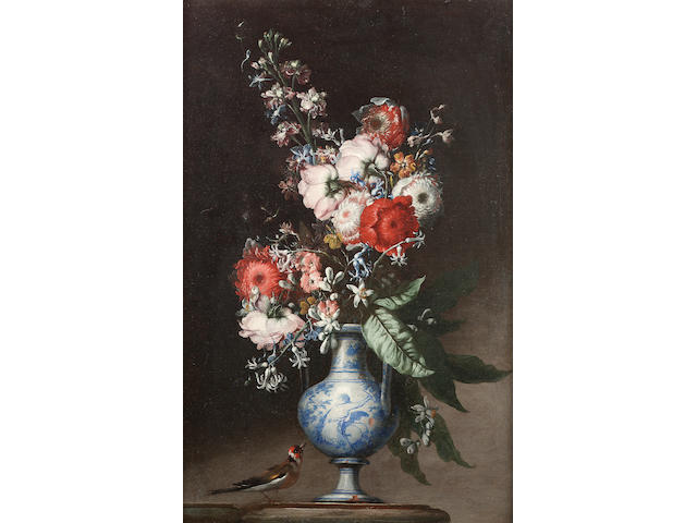 Circle of Nicola Malinconico (Naples 1654-1721) Chrysanthemums, roses, bluebells and other flowers in a blue and white vase 74.8 x 50 cm. (29&#189; x 19 5/8 in.)