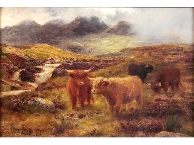 Louis Bosworth Hurt (1856-1929) Highland cattle in a misty mountain landscape 33 x 48 cm