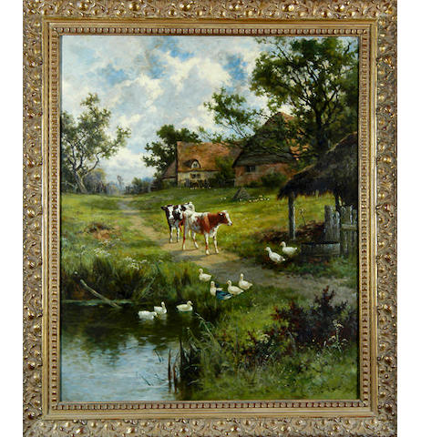 Henry H. Parker (1858-1930) Cattle and ducks by a farm pond 77.5 x 63.5cm (30&#189; x 25in).