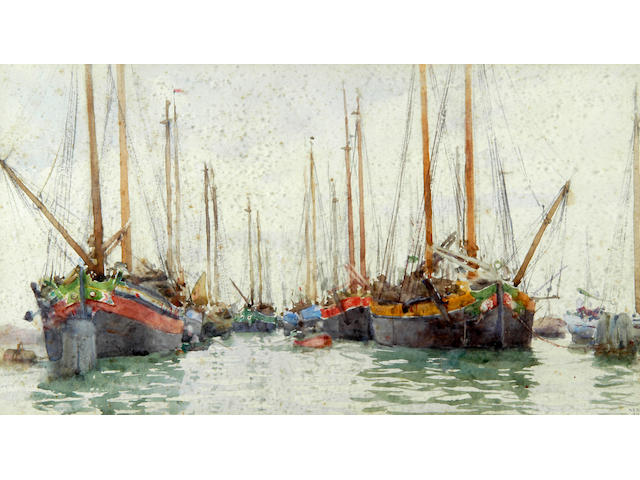Henry Scott Tuke, N.E.A., R.B.A., R.A., R.W.S.(1858-1929) Gaily coloured fishing vessels at anchor 24 x 45.5cm (9&#189; x 18in).