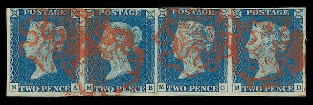 1840 2d. Plate I: MA-MD used strip, close to large margins all round, MC has slight crease, otherwise fine, scarce.