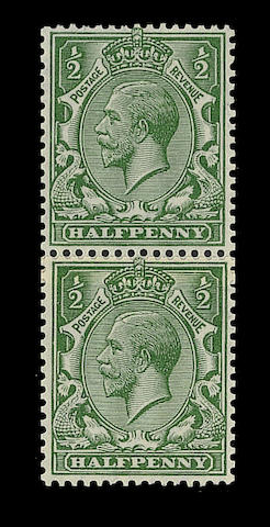 1913 wmk. Mult Royal Cypher: &#189;d. bright green in a fine unmounted mint vertical coil join pair, with good perfs.
