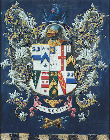 English School (19th Century) 19th C The arms of Mason, motto: 'God My Trust', surmounted by the Norfolk Masons' crest of a lion's head couped between wings 70 x 57 (27&#189; x 22&#189;in).