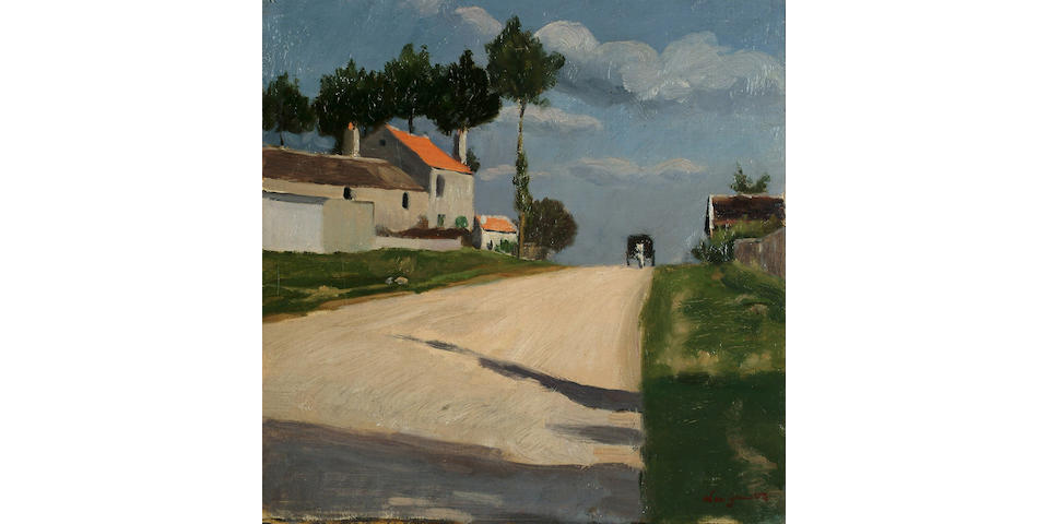 Leo Gausson (French, 1860-1944) Road through a village 12 x 12 in. (30.5 x 30.5cm.)