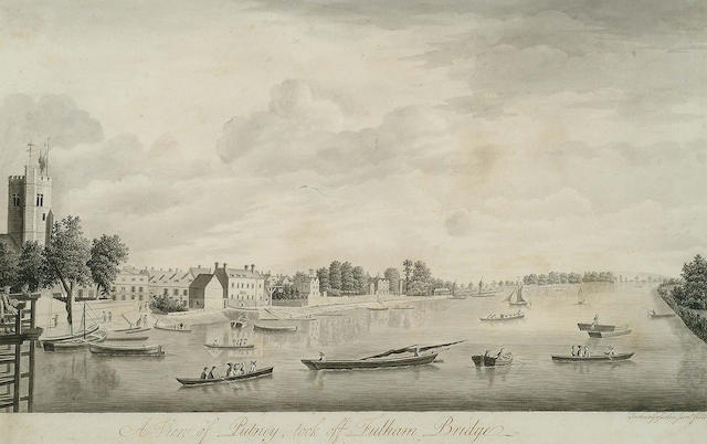 Joshua Gosselin Junior (British, 1763-1789) Putney from Fulham Bridge, 10 x 16 in (25.5 x 40.5 cm).