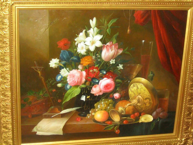 Thomas Webster (20th Century) Still life of flowers, fruit, metal tazza, wine glasses and quill on a ledge, 62 x 74.5cm.