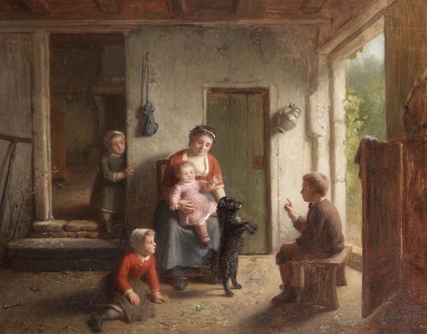 Th&#233;odore-Bernard de Heuvel (Belgian 1817-1906) L'&#233;ducation du chien 47 x 58 cm. (18 1/2 x 22 3/4 in.)