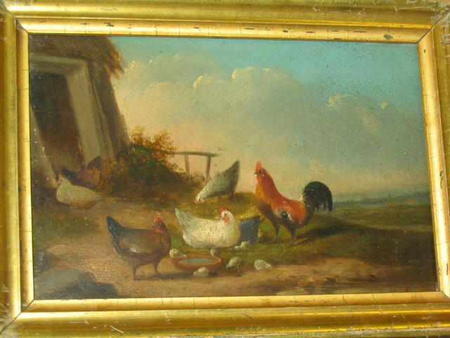 Follower of Franz van Severdonck Cockerel and chickens feeding before a landscape, and another similar, 14 x 22cm.