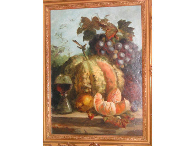 Attributed to Thomas Whittle Senior Still life grapes, melon, oranges and wine goblet, 38.5 x 28.5cm.