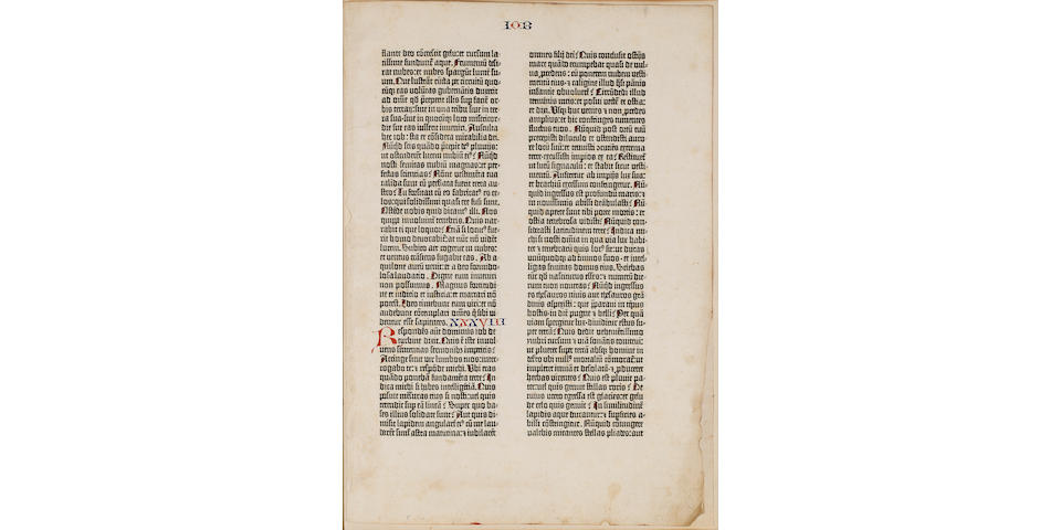 BIBLE 1450 GUTENBERG BIBLE, in Latin Single leaf containing Job XXXVIII-XXXIX