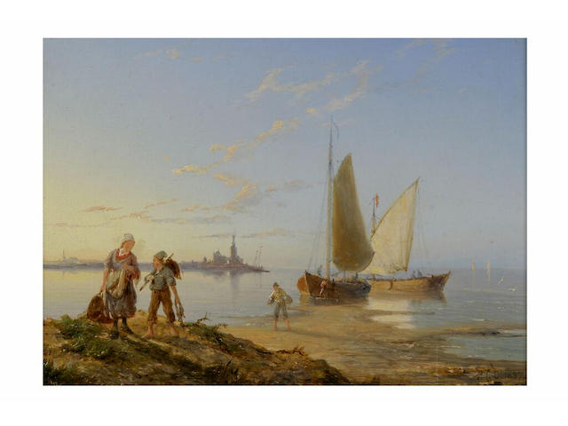 Pieter Christian Dommersen (1834 - 1908) Coastal scene with fisher folk unloading the catch, and another similar, 17.5 x 24cm.