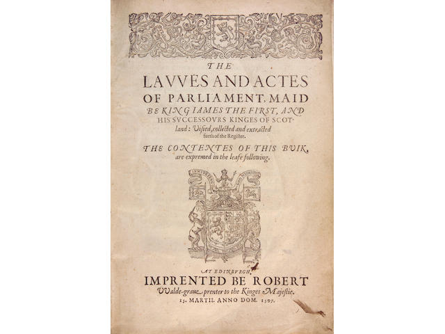 [SKENE (John)] The Lawes and Actes of Parliament, maid be King James the First, and his successours Kinges of Scotland