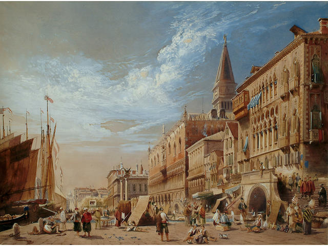William Lake Price (British, 1810-c.1891) The Riva dei Schiavoni with St.Mark's Square behind, Venice, 24 1/2 x 33 in (62 x 84 cm).