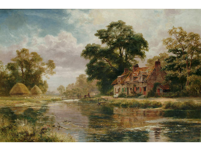 Robert Gallon (British, 1845-1925) A river landscape with figures before a cottage, 19 7/8 x 29 1/2 in. (50.5 x 75 cm.)