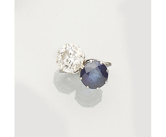 A synthetic sapphire and diamond two-stone ring
