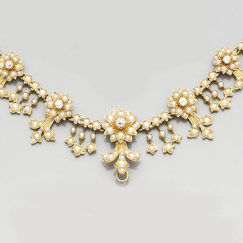 Bonhams : A late Victorian seed pearl and diamond necklace and brooch ...
