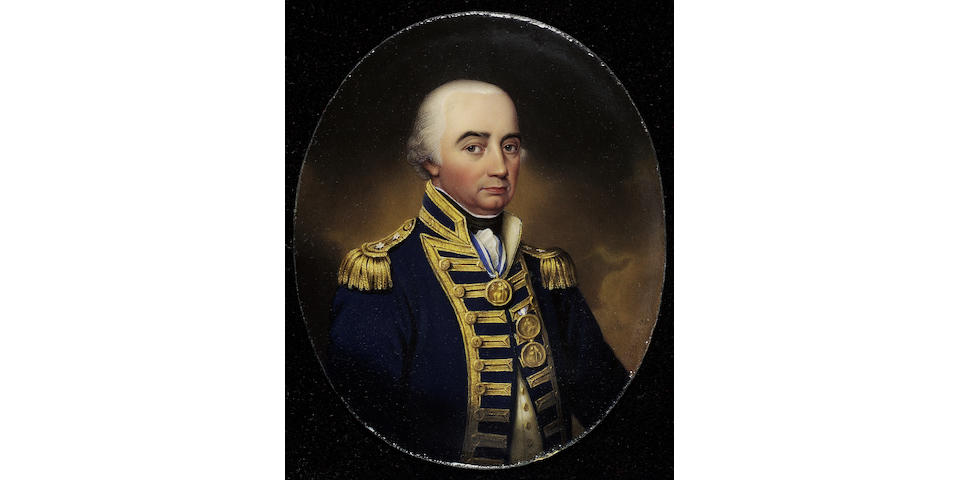 Henry Bone R.A., Cuthbert Collingwood, 1st Baron Collingwood (1748-1810), half-length, wearing rear-admiral's full-dress uniform and the three Naval Gold Medals of Trafalgar, First of June and St. Vincent, all on white ribbons with blue borders