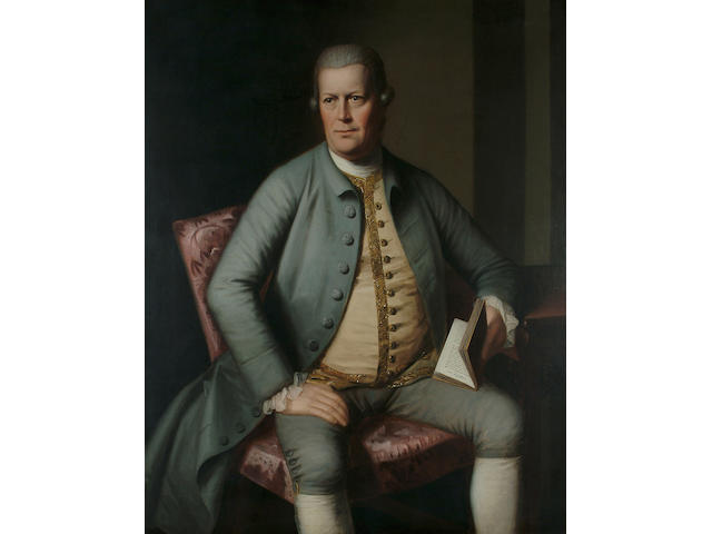 English School, 18th Century Portrait, three quarter length, of a gentleman seated, wearing a grey coat and holding a work by Virgil, 49 1/8 x 39 in. (125 x 99 cm.)