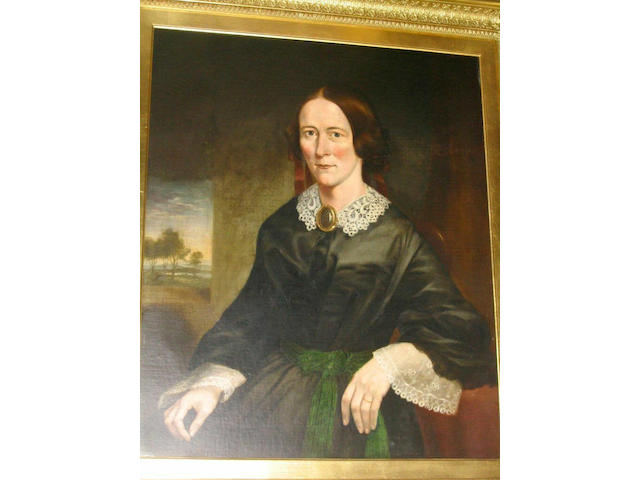 British School circa 1840 Portrait of a lady, seated before a window, wearing black dress with white lace collar and cuffs and a green sash, 85 x 69cm.