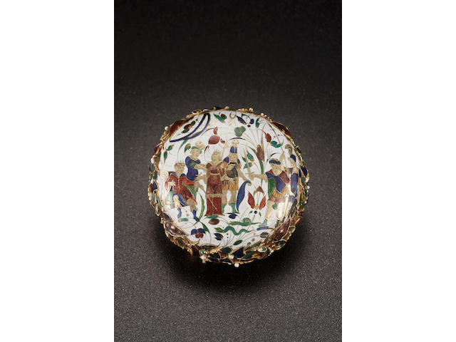 A very fine and extremely rare 22ct gold early 17th century enamel watch case converted into a snuffbox in the mid 18th centuryBlois, attributed to Louis Vautyer