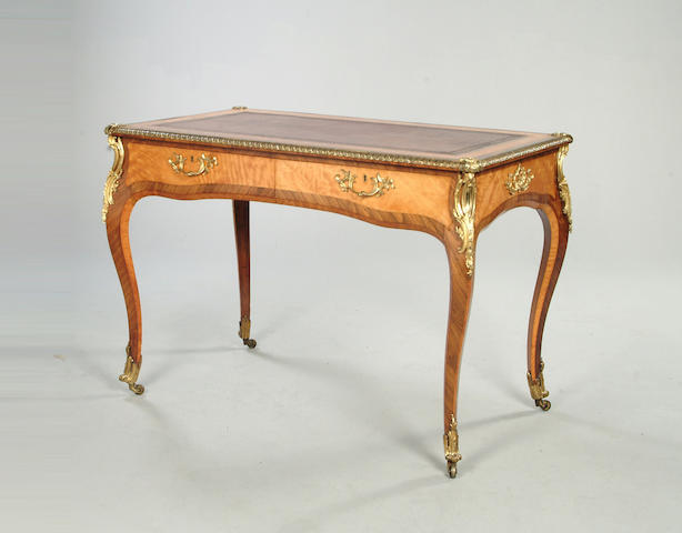 A late 19th century satinwood, kingwood and gilt metal mounted bureau plat