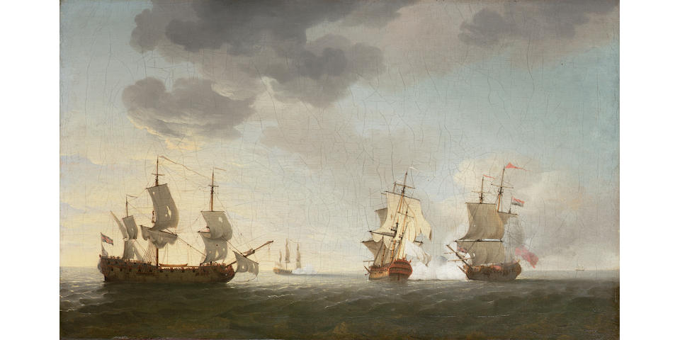 Charles Brooking (British, 1723-1759) The taking of the French merchantmen 'Marquese d' Antin' and 'Louis Erasme' by the English privateers 'Prince Frederick' and 'Duke', 10th. July, 1745 37.2 x 61cm. (14 5/8 x 24in.)
