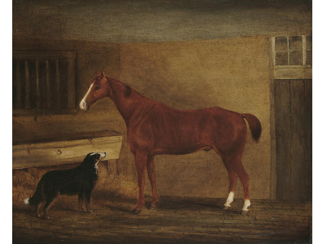 John Vine of Colchester (British, 1809-1867) Portrait of a chesnut horse and a collie in a loosebox, 19 1/2 x 23 5/8 in. (49.7 X 60 cm.)