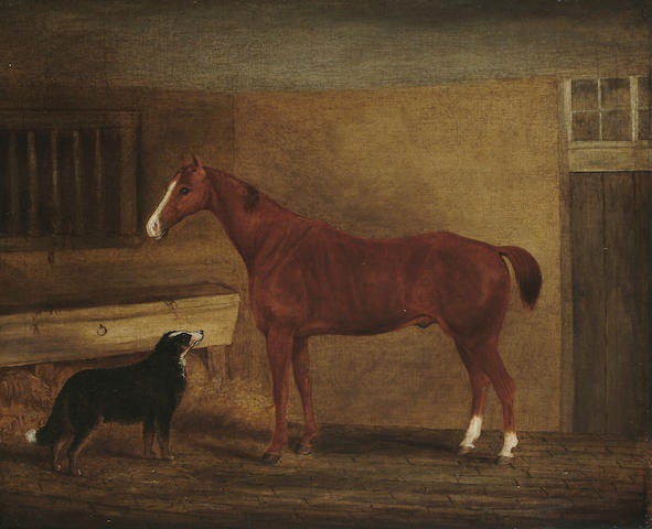 John Vine of Colchester (British, 1809-1867) Portrait of a chesnut horse and a collie in a loosebox, 19 1/2 x 23 5/8 in. (49.7 X 60 cm.)