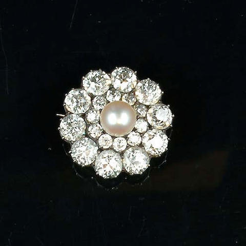 A late Victorian pearl and diamond target brooch
