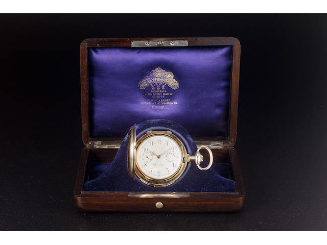 A fine and rare late 19th century 18ct rose gold split second minute repeating hunter cased keyless lever pocket watch with cover winding system in rosewood presentation case with Royal Provenance Haas and Cie, Geneva