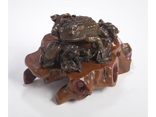 A bronze figure group of Toads, Meiji Period,