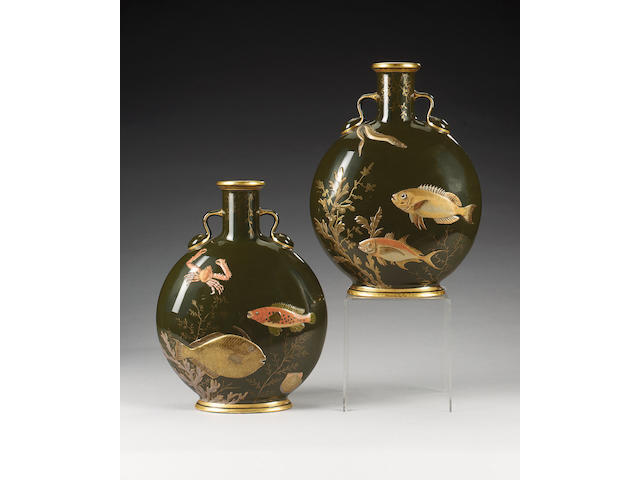 A pair of Mintons moon flasks, dated 1881,