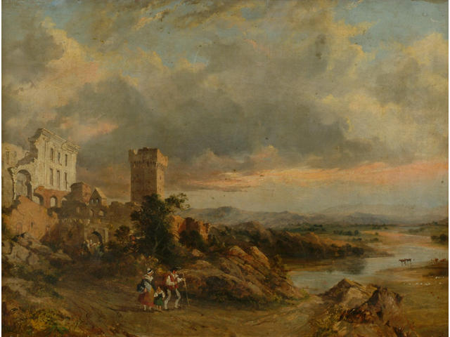 English School (19th century) 'Figures outside a ruined town with an extensive landscape beyond' 43 x 58cm