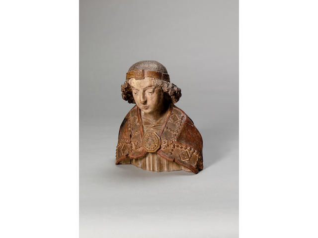A 16th / 17th century German carved oak and polychrome decorated bust of a  warrior