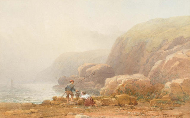 John Henry Mole (1814-1886) 'Fishing on a rocky beach' 17 x 27cm (6 3/4 x 10 1/2in)