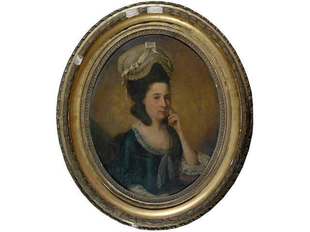 Manner of Allan Ramsay (fl.1880-1920) A portrait of a lady, possibly Lady Rodney, in blue dress with lace bonnet oval, 37 x 30cm (14&#189; x 11&#190;in).