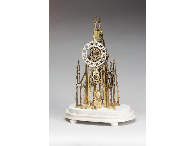 A second half of the 19th century lacquered brass 'Scott Memorial' skeleton timepiece Atrributable to Evans of Handsworth
