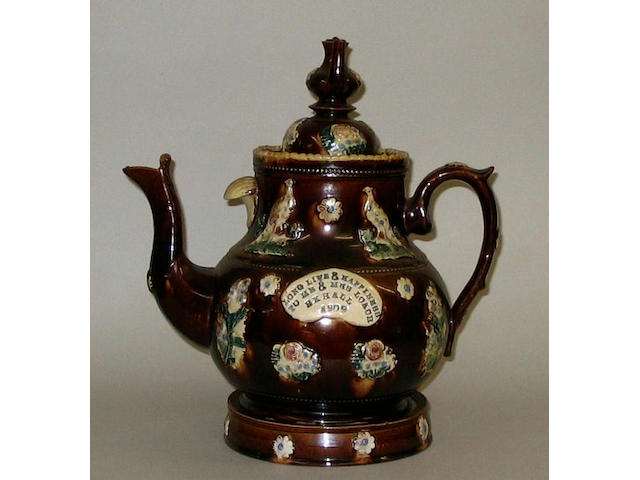 A Barge Ware teapot, cover and stand,